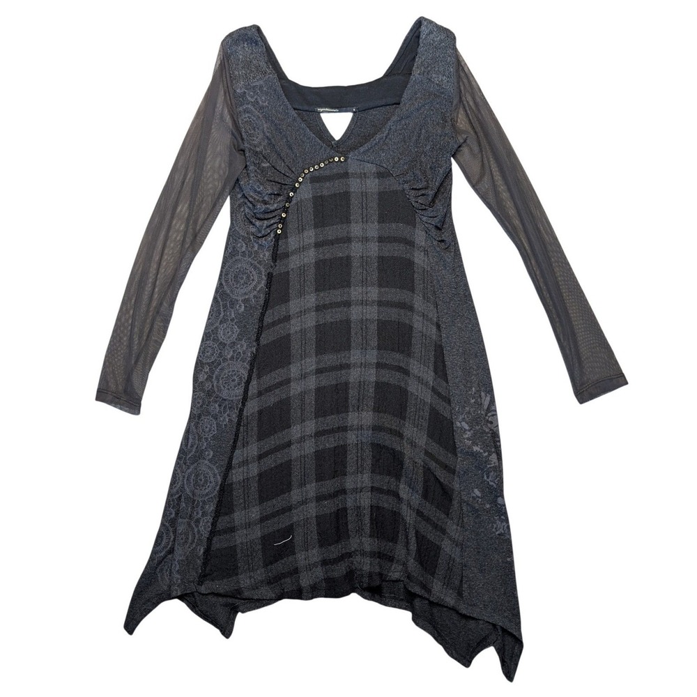 angels never die Small Grey patchwork Whimsigoth Goth Long Sleeve Dress Tartan‎